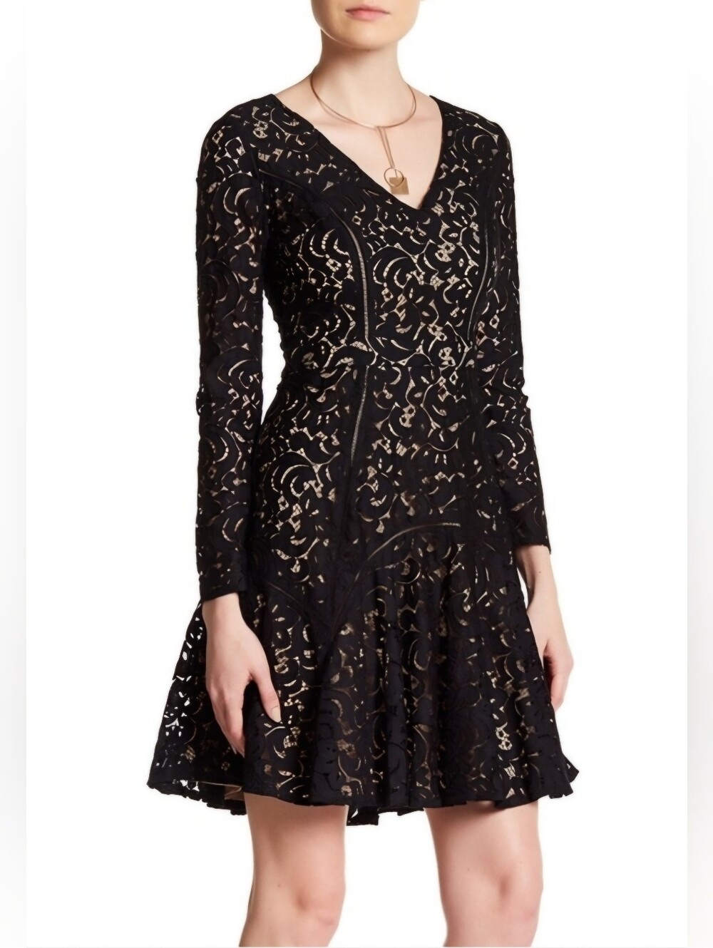 Cynthia Steffe Claire Long Sleeve V-Neck Lace Dress Black Size 10 NWOT